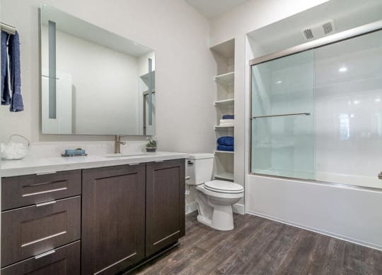 Bathroom with shower area at Montecito Apartments at Carlsbad, Carlsbad