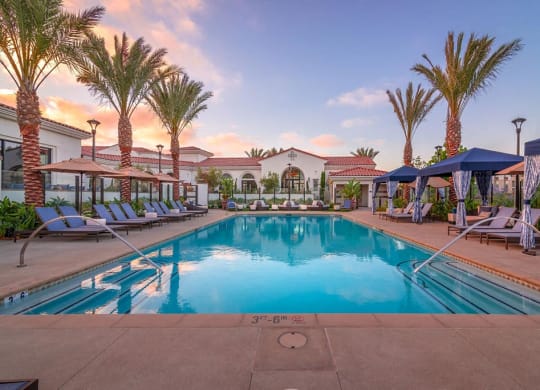 Swimming pool in the evening time at Montecito Apartments at Carlsbad, Carlsbad, California