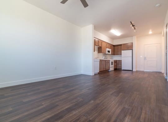 Kitchen and living room at Portola Senior Apartments, Carlsbad, CA, 92010