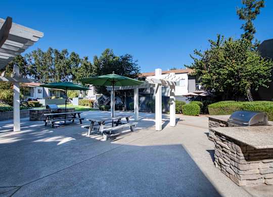 A sunny day at the park with a picnic table and umbrellas.