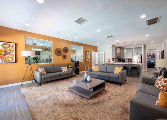 A living room with a grey couch and a coffee table.
