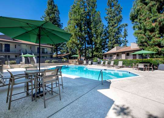 A pool surrounded by chairs and umbrellas.