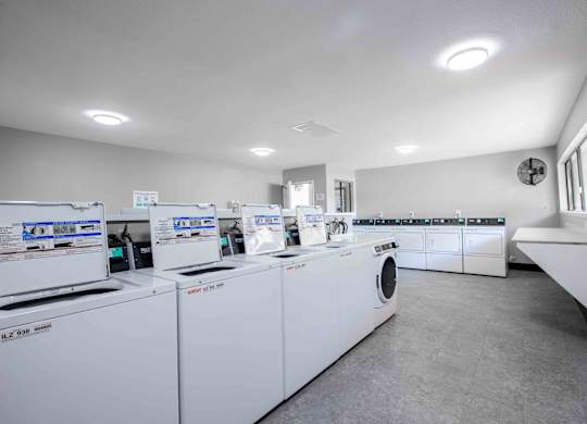 A laundry room with washing machines and a fan on the wall.