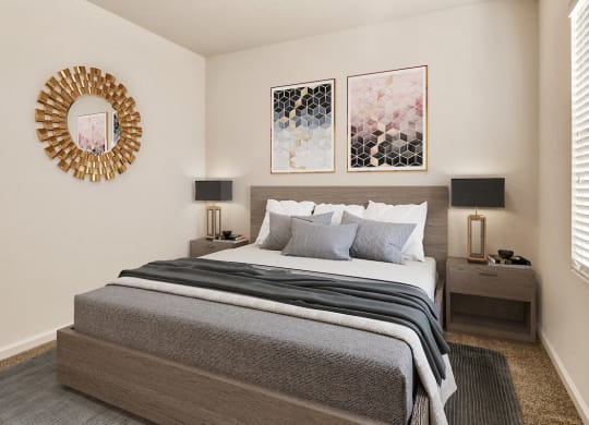 a bedroom with a large bed and two night stands  at Falcon Bridge at Gale Ranch, San Ramon, California