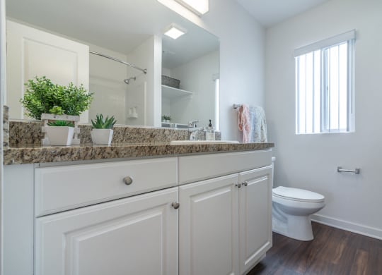 Renovated Bathrooms With Quartz Counters at Park Apartments, California, 90650