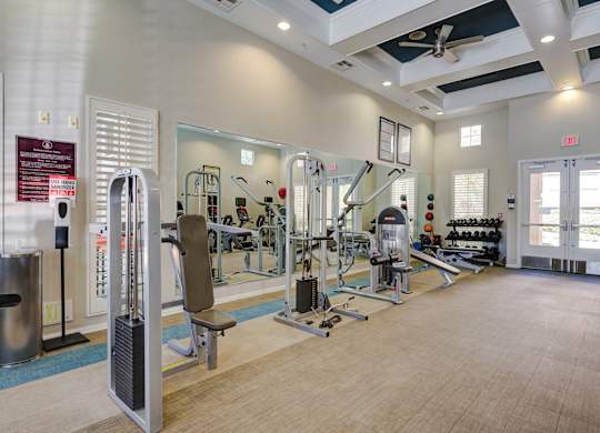 A gym with a variety of equipment including a treadmill, weights, and a bench at Sonoma at Porter Ranch, CA, 91326