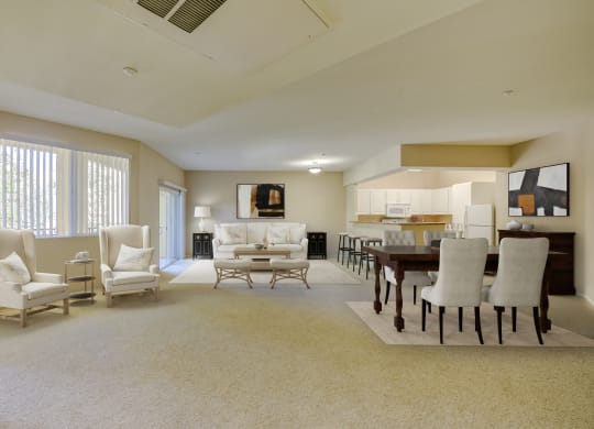 a living room and dining room with white furniture and beige carpet  at Tesoro Senior Apartments, Porter Ranch, 91326