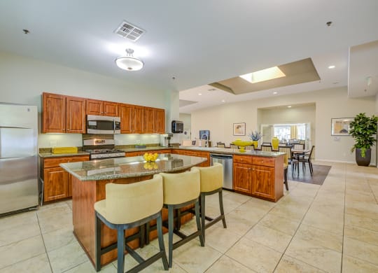a large kitchen with granite countertops and stainless steel appliances  at Tesoro Senior Apartments, California, 91326