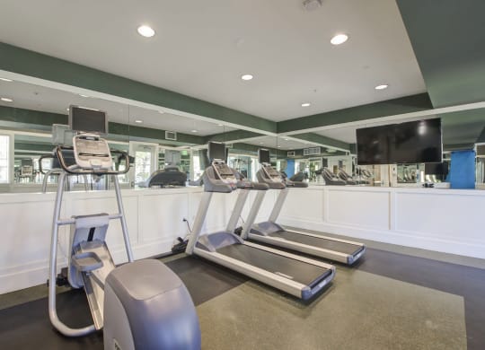 a gym with treadmills and elliptical trainers  at Ventana Senior Apartments, Northridge, CA, 91326