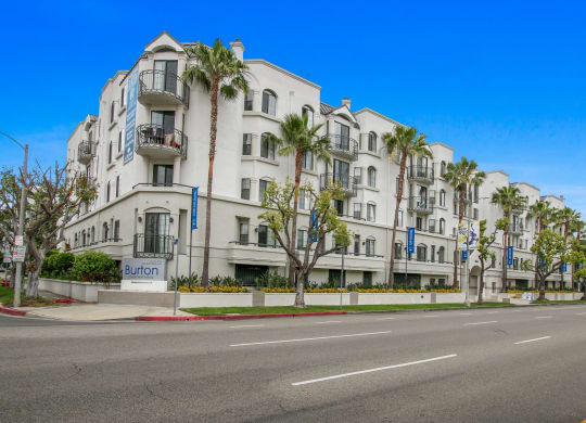 a white building with palm trees in front of an empty street at Burton, Los Angeles, California