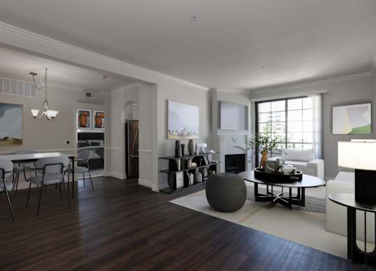 A modern living room with a dining table and chairs.