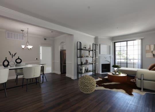 the living room and dining room of an apartment at Burton, Los Angeles, California