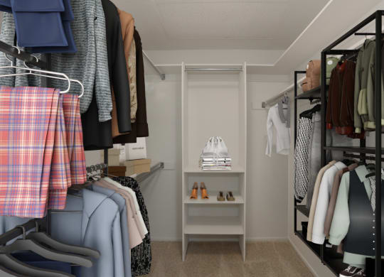 a walk in closet with a rack of clothes and a closet organizer at Burton, California, 90048