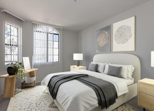 a bedroom with grey walls and a white bed at Burton, Los Angeles, CA