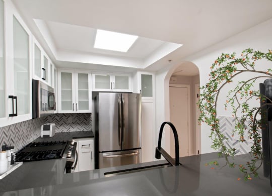 a kitchen with a stainless steel refrigerator and a counter top at Burton, California, 90048