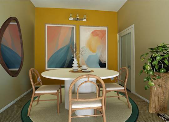 A dining room with a white table and chairs.