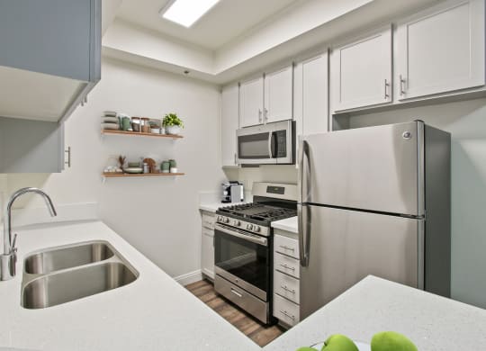 a kitchen with stainless steel appliances and a sink at Palm Royale Apartments, Los Angeles