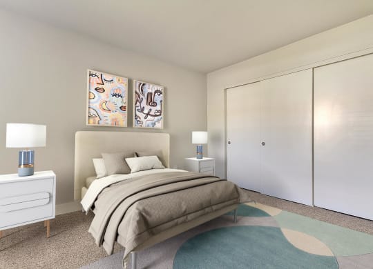 a bedroom with a bed and a closet at Bella Terra Apartments, Nevada, 89012