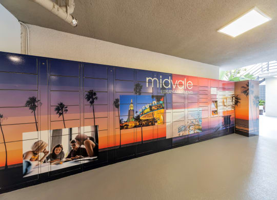 a wall mural in the middle of a hallway with the middle life logo on it