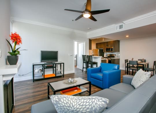 Living room and kitchen at Midvale Apartments, Los Angeles