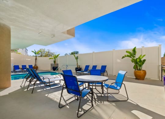 Pool side sitting area at Midvale Apartments, California