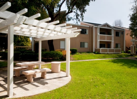 picnic area with benches in front of an apartment building