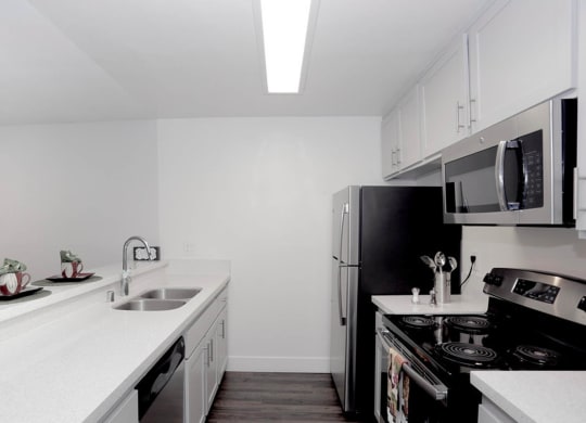 Kitchen area with appliances and cabinetsat Waverly, California