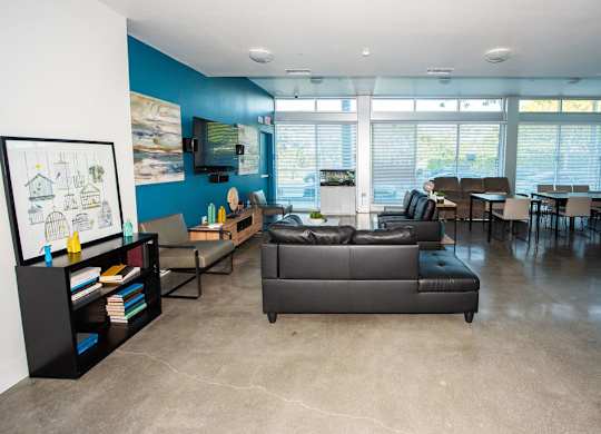 A living room with a grey couch and a bookshelf.