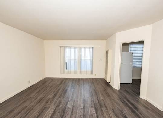 A room with vinyl floors and a window with blinds.