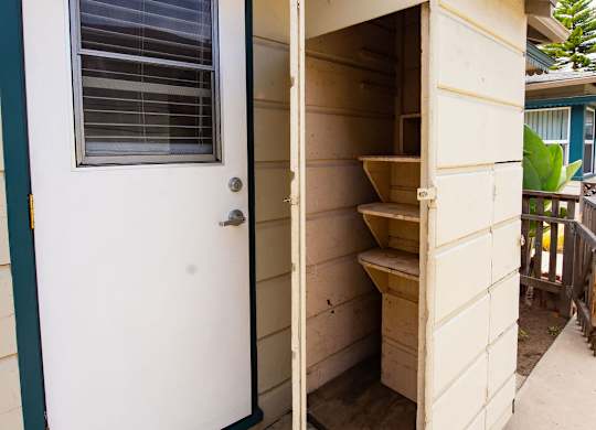 A small white door with a green frame is open to a storage space.