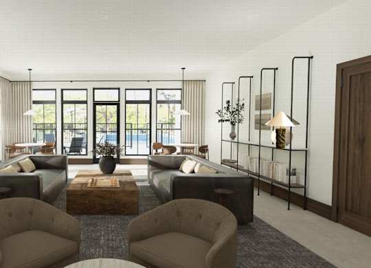 A modern living room with a large window and a view of a pool.