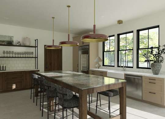 A kitchen with a table and chairs in the middle of it.