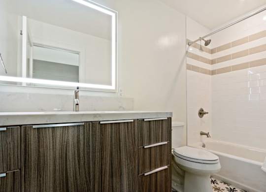 Bathroom with single vanity, quartz countertops, LED mirrored lights, wood cabinets, hot tub and shower combo