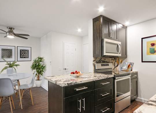 Beautiful Kitchen with Stainless steel electric range over micro hood microwave, dining area with ceiling fan