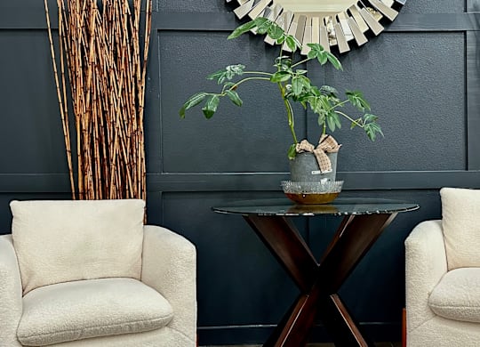 a living room with two chairs and a table with a plant