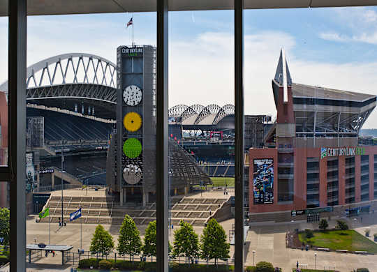 a view of the stadium and the clock tower in front of the tac tac stadium
