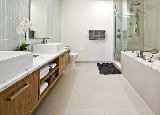 a bathroom with two sinks and a shower