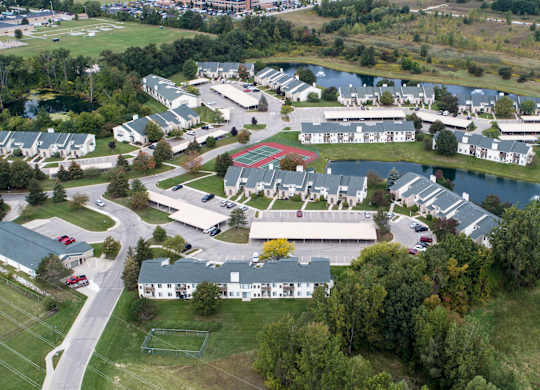 Aerial View of Residential Area at Hidden Lakes Apartments, Michigan, 48346