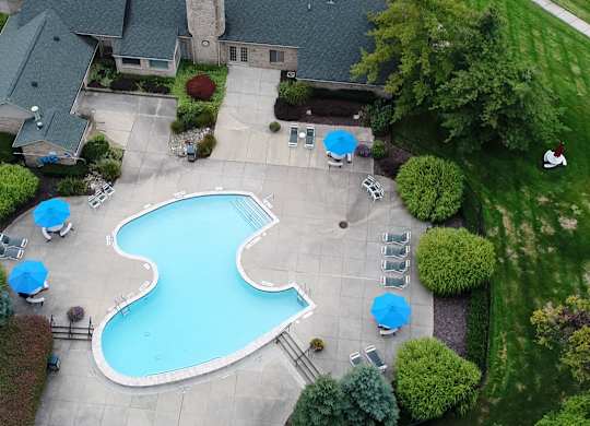Aerial view of pool at Heather Ridge Apartments, Westland, MI, 48185
