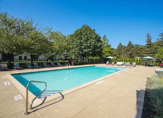 A large swimming pool surrounded by trees and lounge chairs.