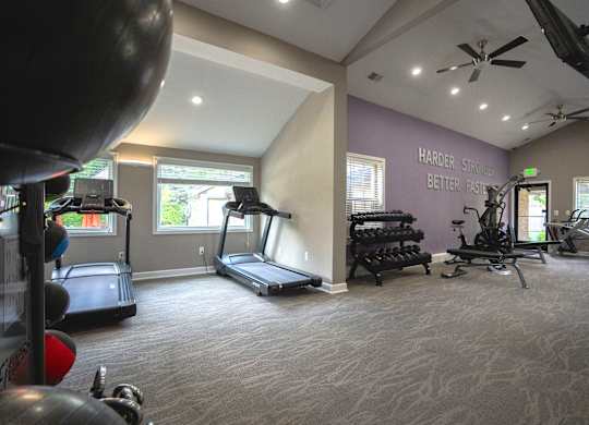 A gym with a purple wall that says "HARDER STRENGTHS BETTER FASTER".