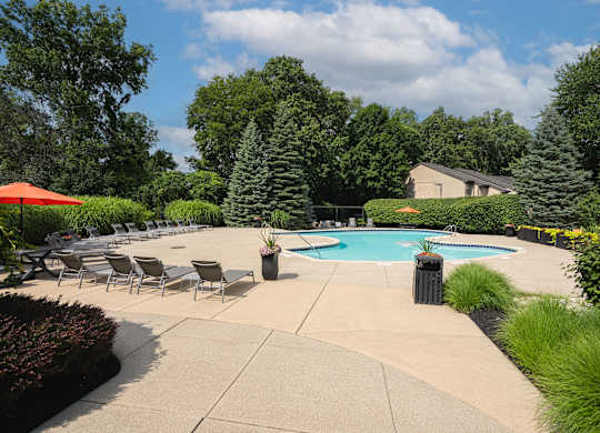 A pool surrounded by trees and chairs.