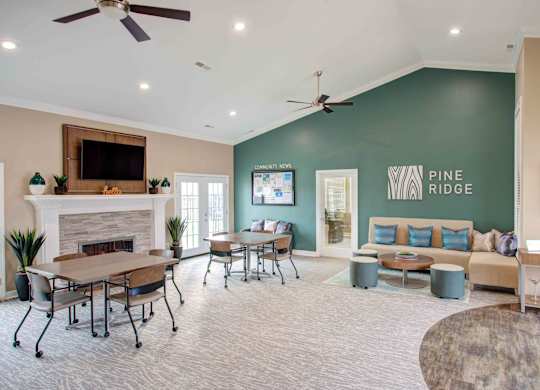 Living Area with Fireplace at Pine Ridge Apartments, Rochester Hills, Michigan