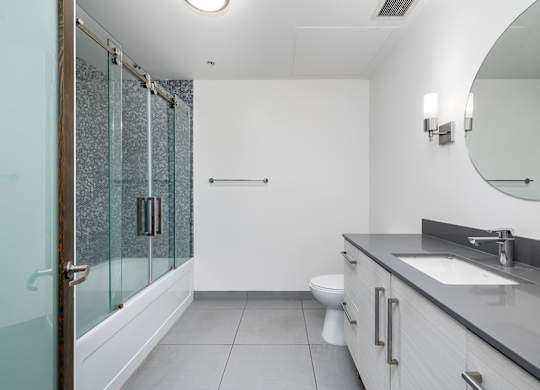 A modern bathroom with a walk-in shower and a toilet.