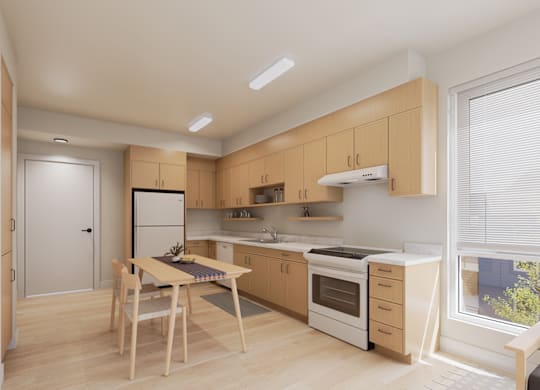 A kitchen with wooden cabinets and a white refrigerator.