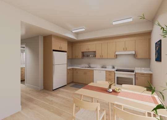 A kitchen with wooden cabinets and a white fridge.