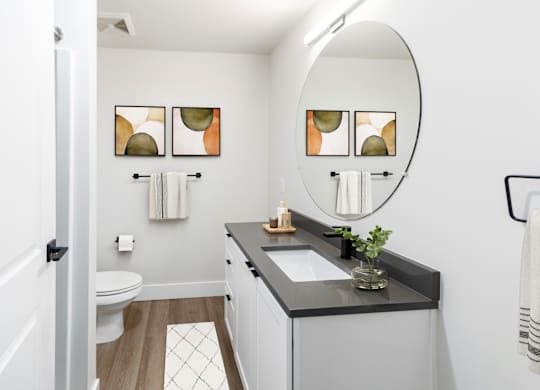 A bathroom with a white toilet, a sink, and a mirror.