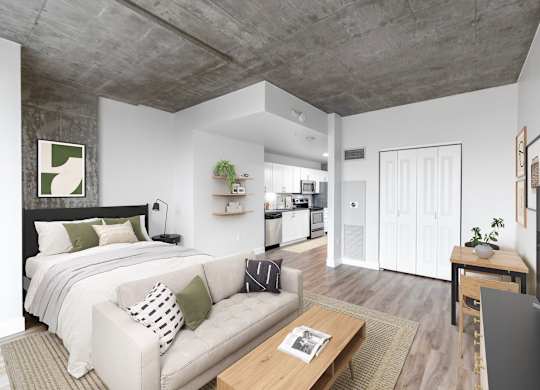 A modern living room with a concrete ceiling and a large bed.
