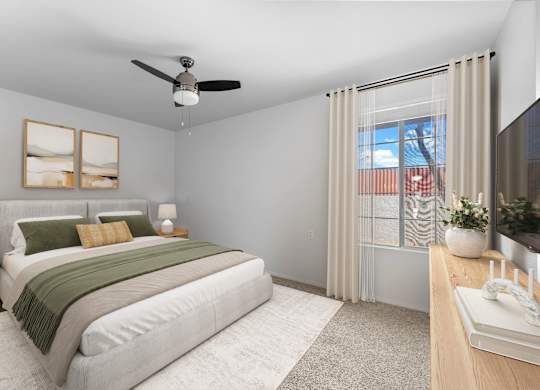 A bedroom with a bed, nightstand, and a window with a view of a city.