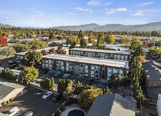 an aerial view of a building in the city